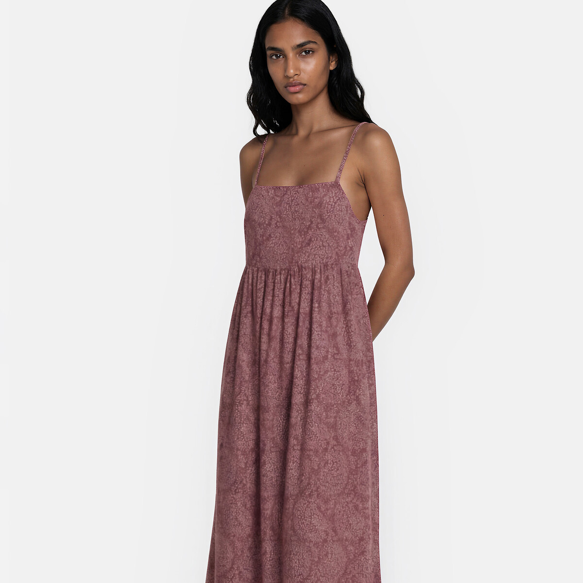 Maxi abito con stampa paisley e spalline sottili fantasia fondo marrone, LA REDOUTE COLLECTIONS