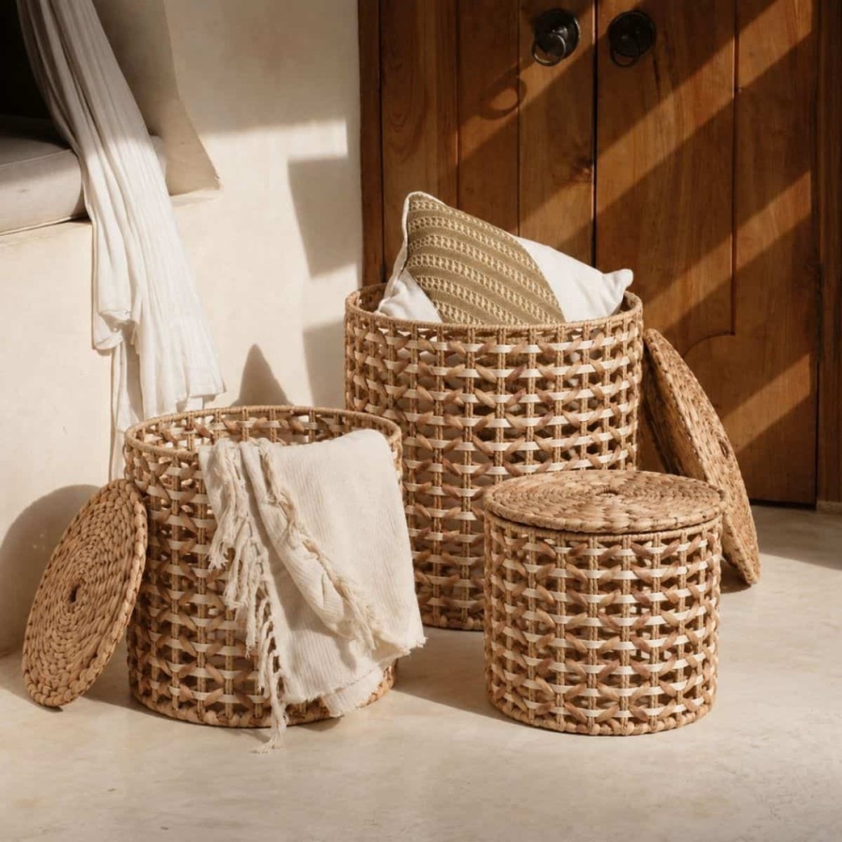 Set de 3 paniers à couvercle en jacinthe d'eau tressée naturel, ORNAMI