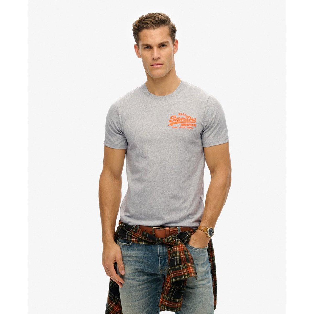 T-shirt décontracté Vintage Logo brodé gris moyen chiné, SUPERDRY