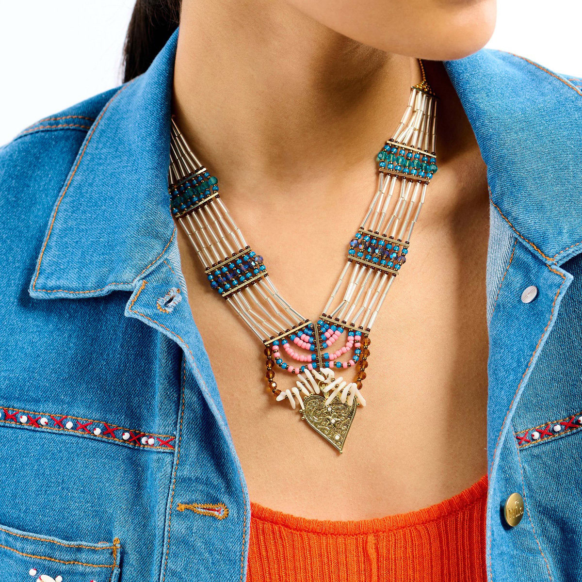 Collier avec perles et chaînes pendentif central NAMYBI indigo, HIPANEMA