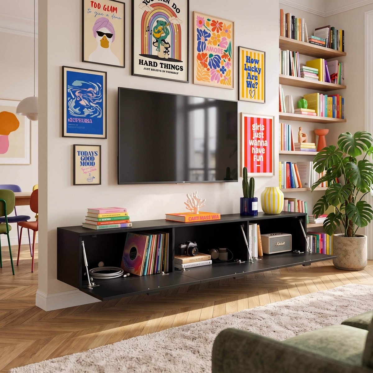 Meuble TV suspendu 200 cm style bohème, HOLLY noir, OVIALA