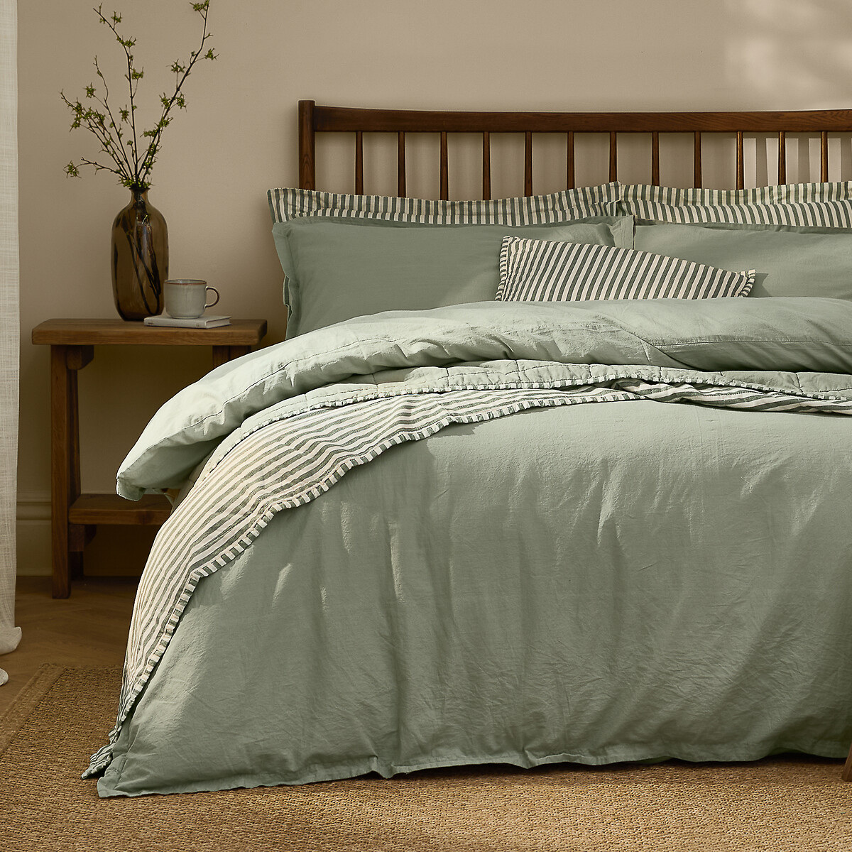 Hebden 100% Washed Cotton Duvet Cover and Pillowcase Set green, YARD