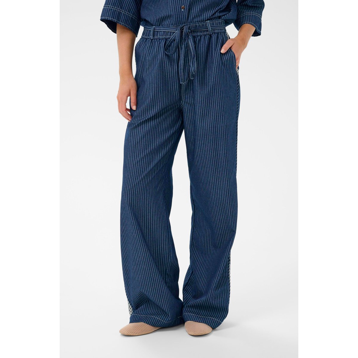 Pantalon casual bleu rossland pinstriped denim, CREAM