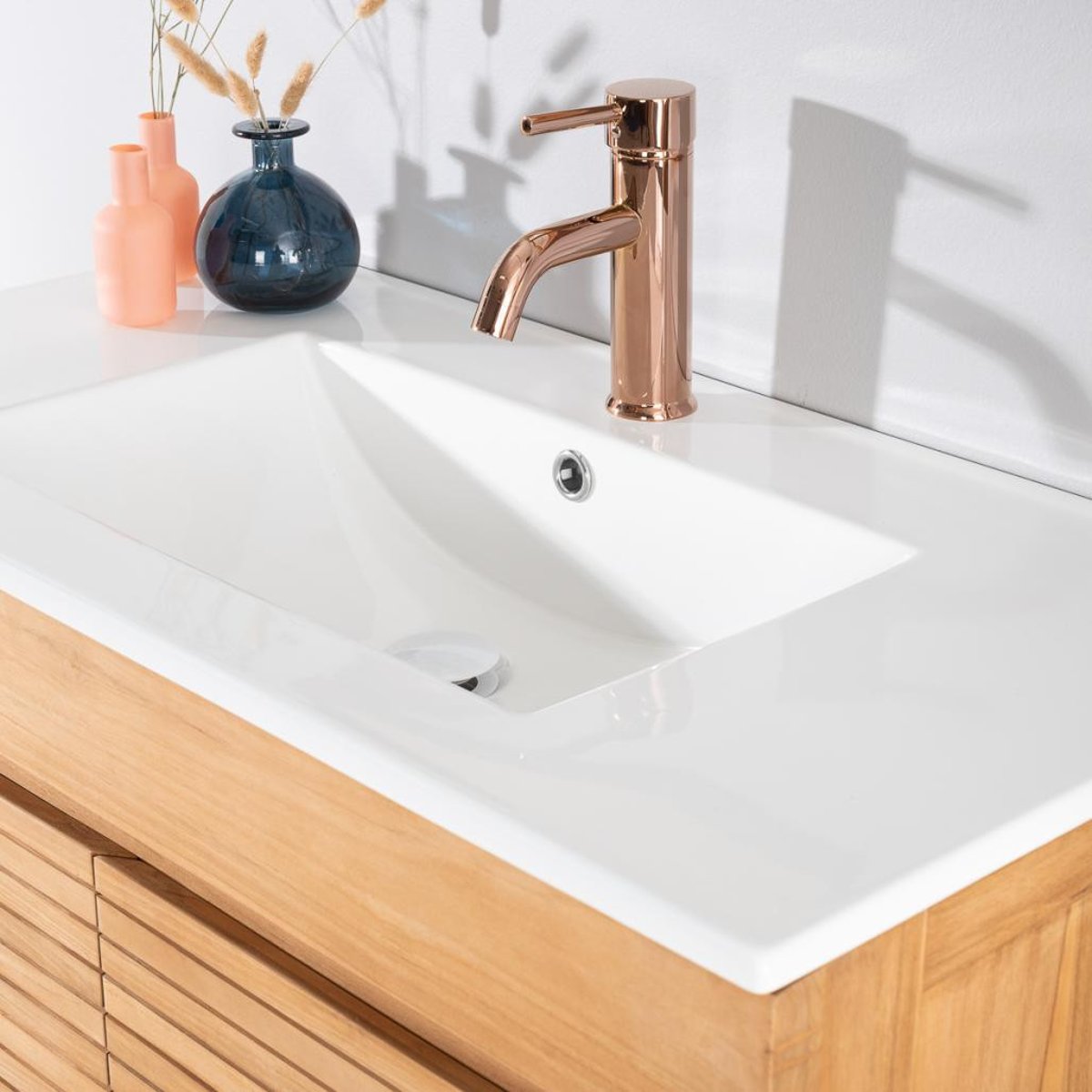 Meuble salle de bain en teck et céramique 90cm AKTUAL blanc, WANDA COLLECTION