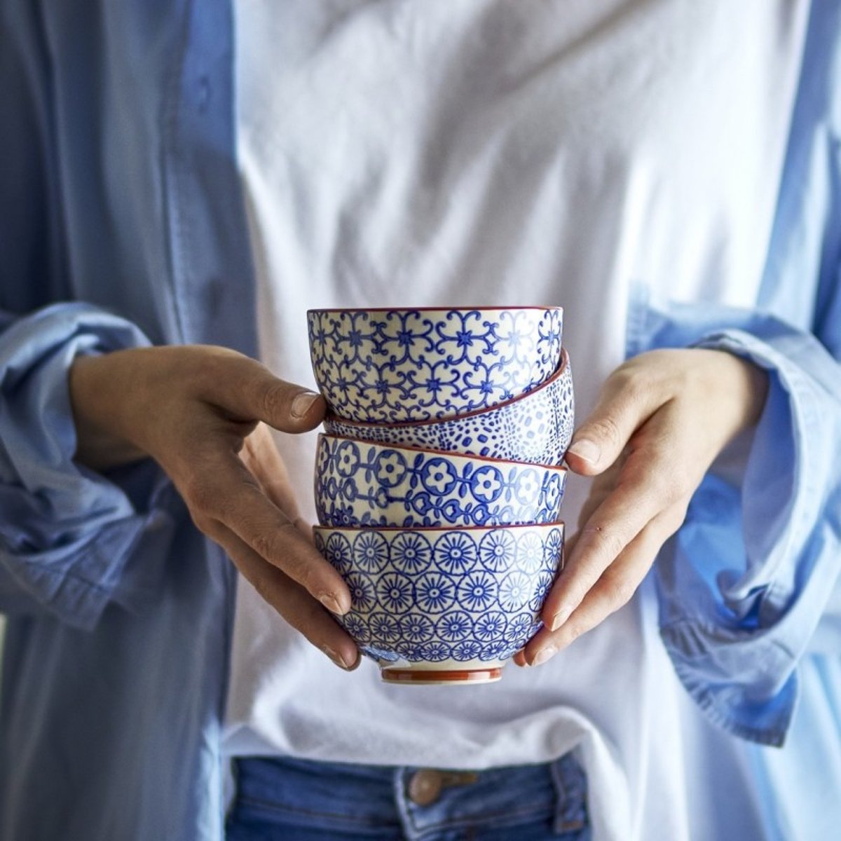 Petit bol motif floral géométrique Karine set de 4 bleu, BLOOMINGVILLE