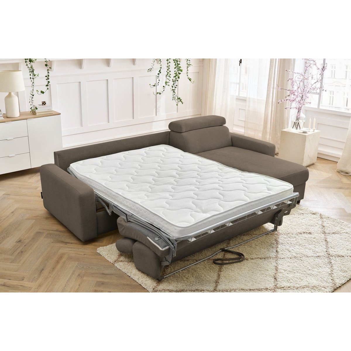 Canapé d'angle convertible 3 places en tissu couchage 140x190 cm, MONACO marron, BOBOCHIC