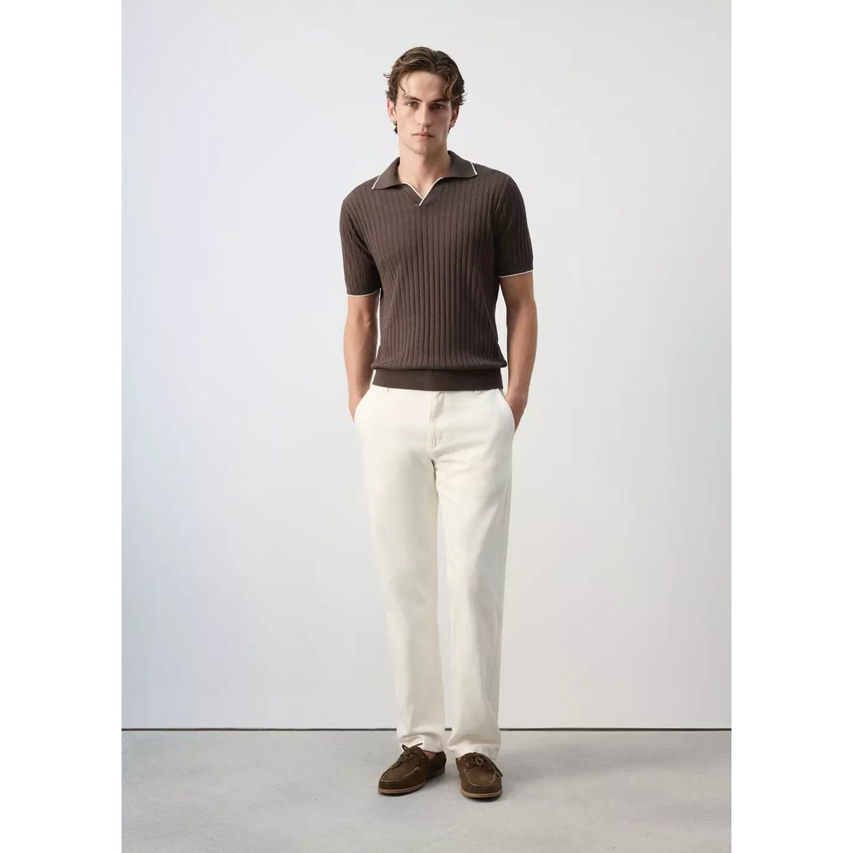 Polo côtelé en mélange de lin et lyocell marron, MANGO MAN