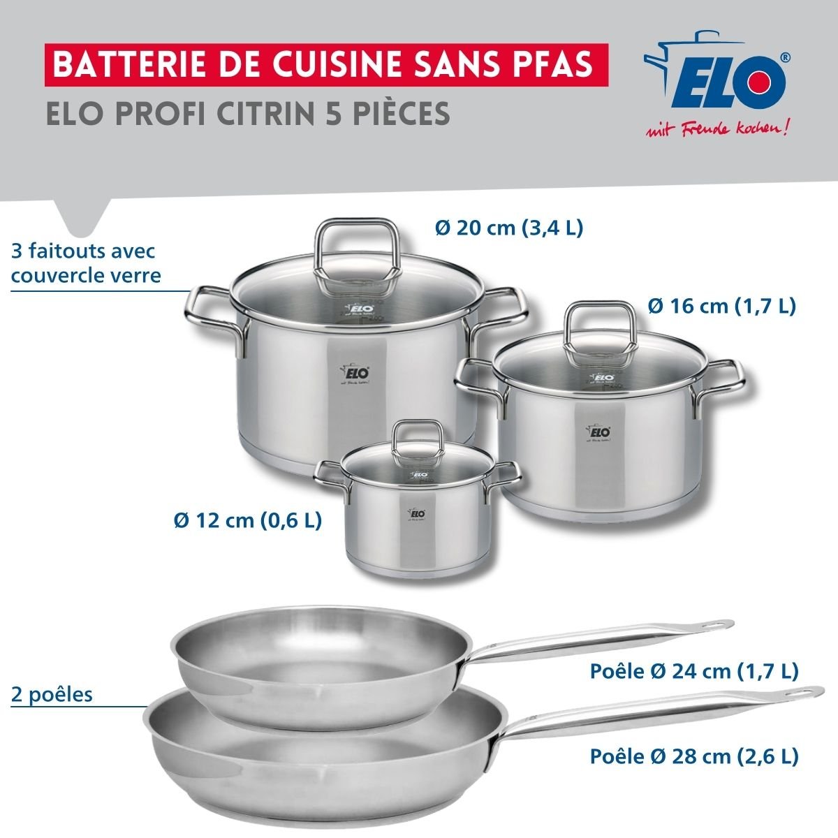 Batterie 2 poêles 24/28cm + 3 faitouts 12/16/20cm PROFI CITRIN gris, ELO
