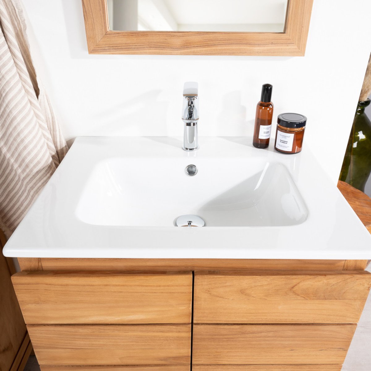 Meuble salle de bain en teck et céramique 60 cm ANANTA blanc, WANDA COLLECTION