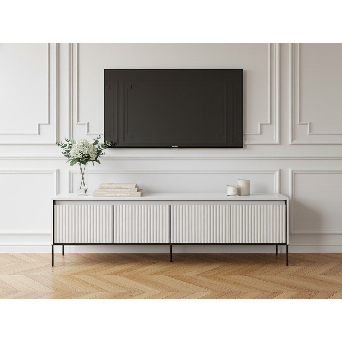Meuble TV 193 cm panneaux de particules, LENARA blanc, BOBOCHIC