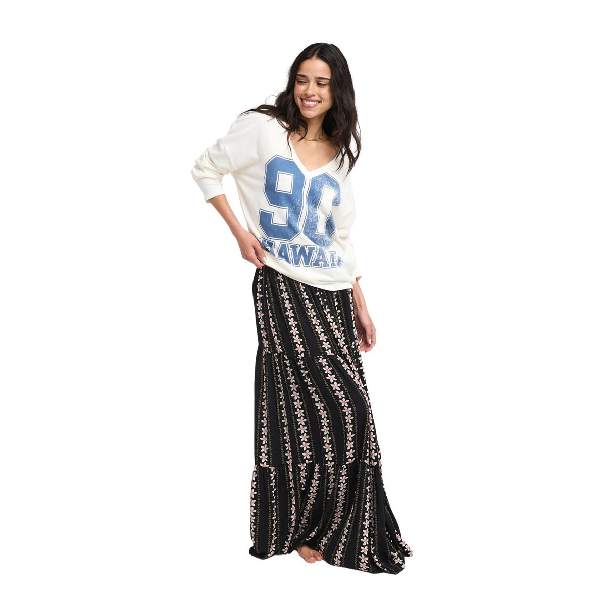 Jupe longue SWEETWATER CREPE. noir anthracite hibiscus real strip, ROXY