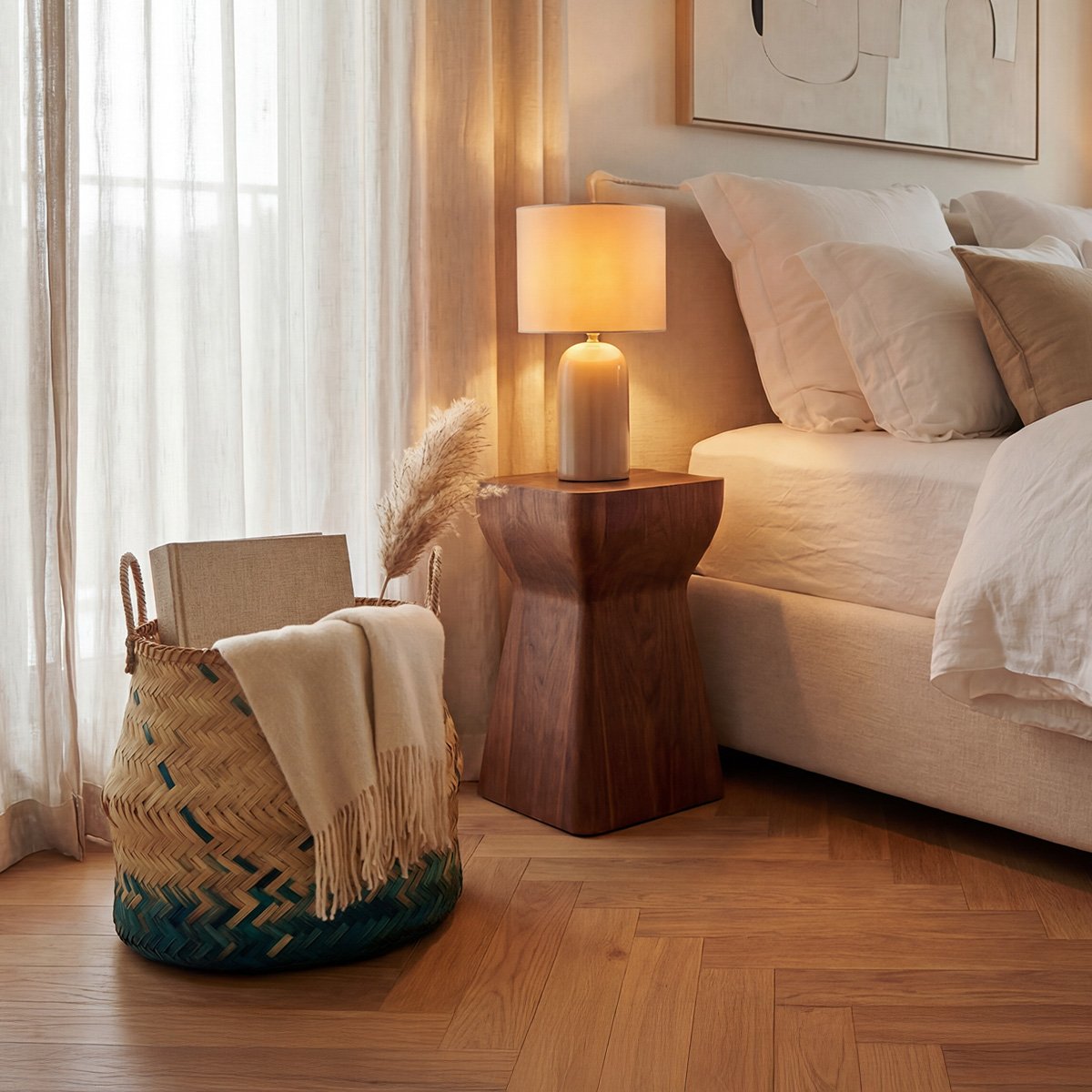 Panier bambou naturel et bleu v002237, MAISON AUBERTIN