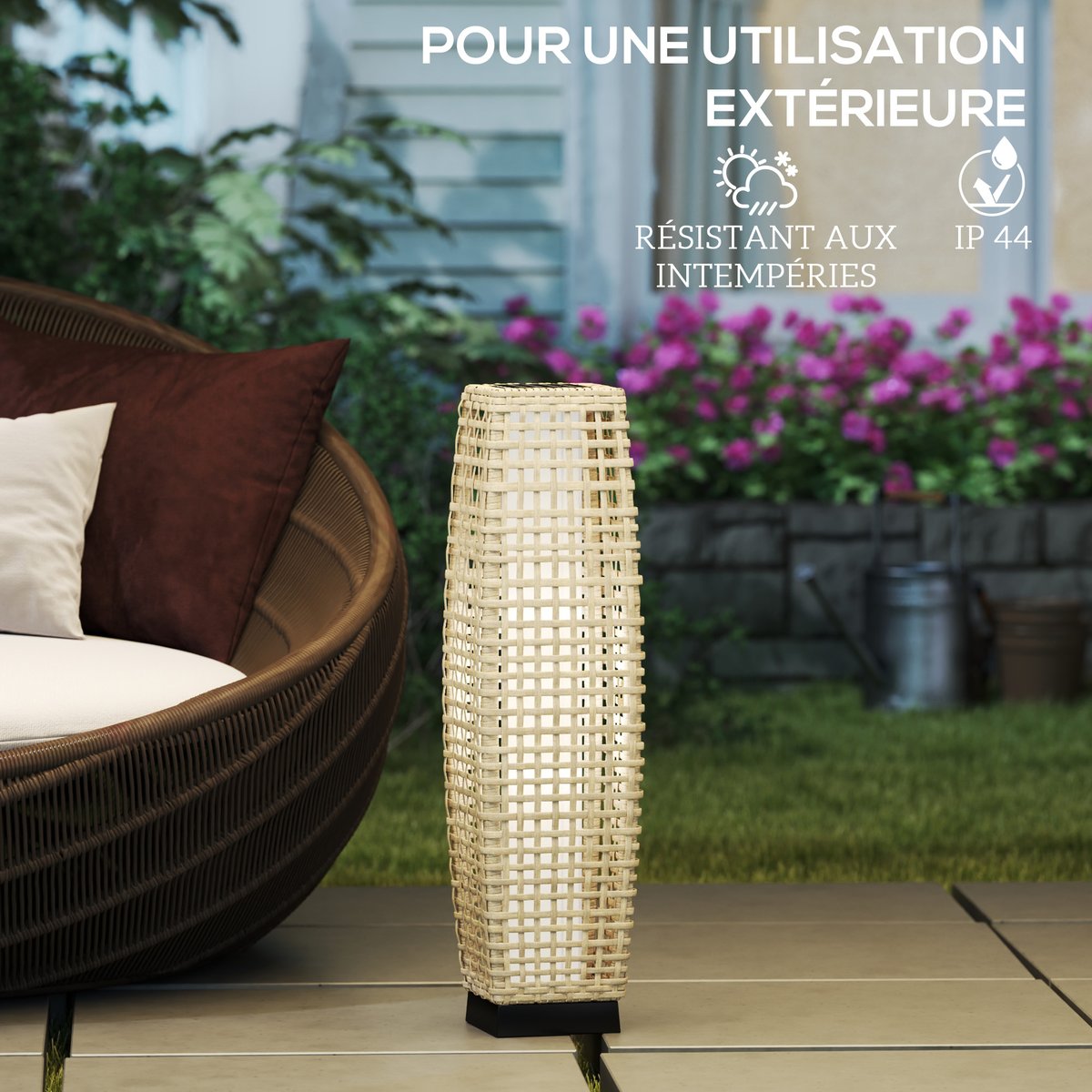 Lampadaire LED solaire de jardin style colonial résine filaire beige, OUTSUNNY