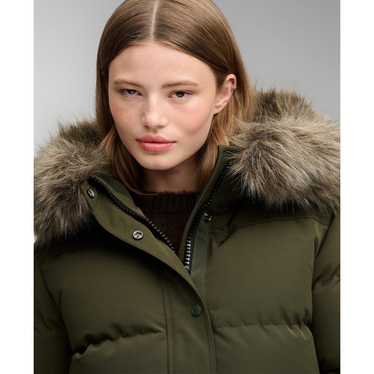 Doudoune courte à capuche en imitation fourrure kaki militaire, SUPERDRY