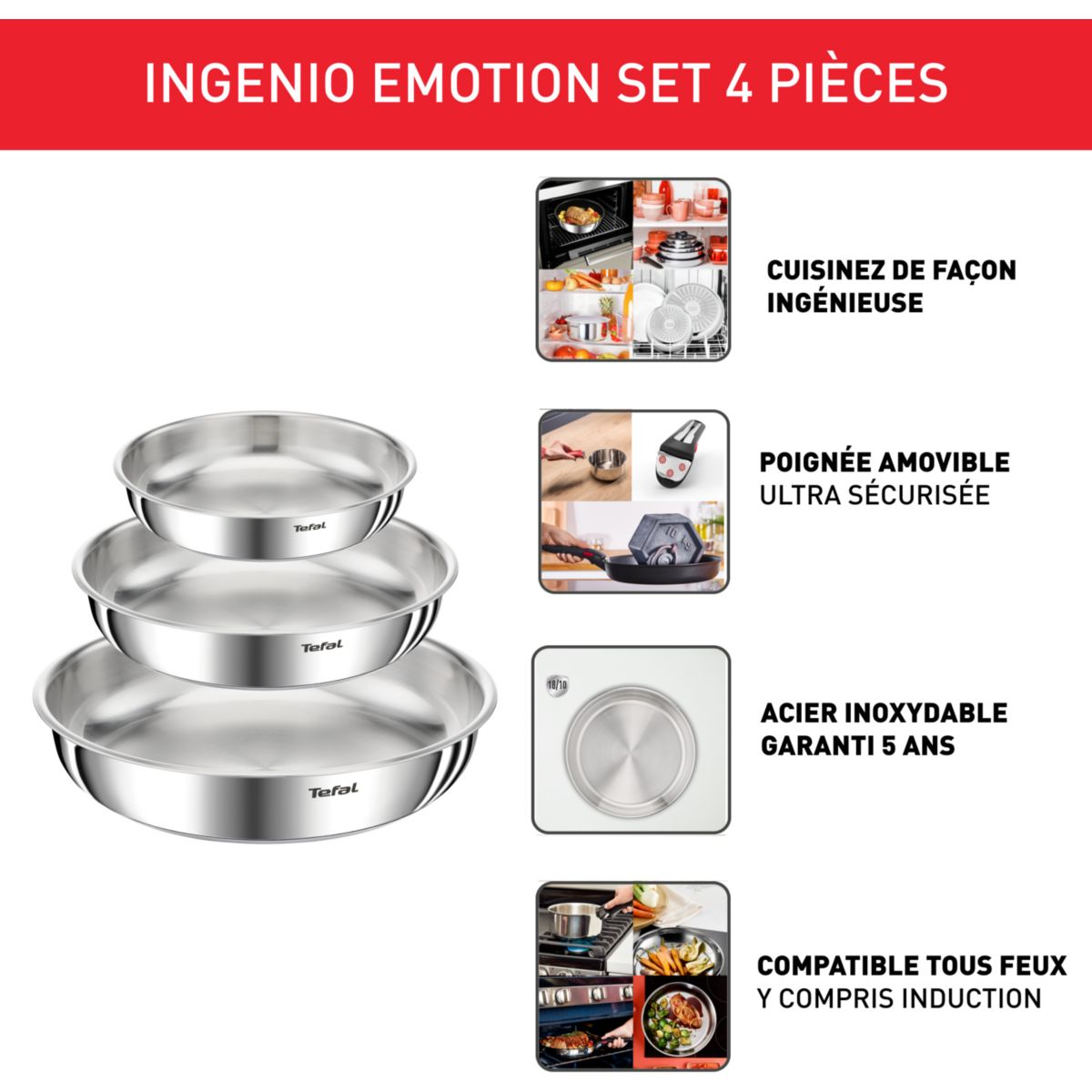 Batterie de cuisine Ingenio Emotion 4pcs couleur unique, TEFAL