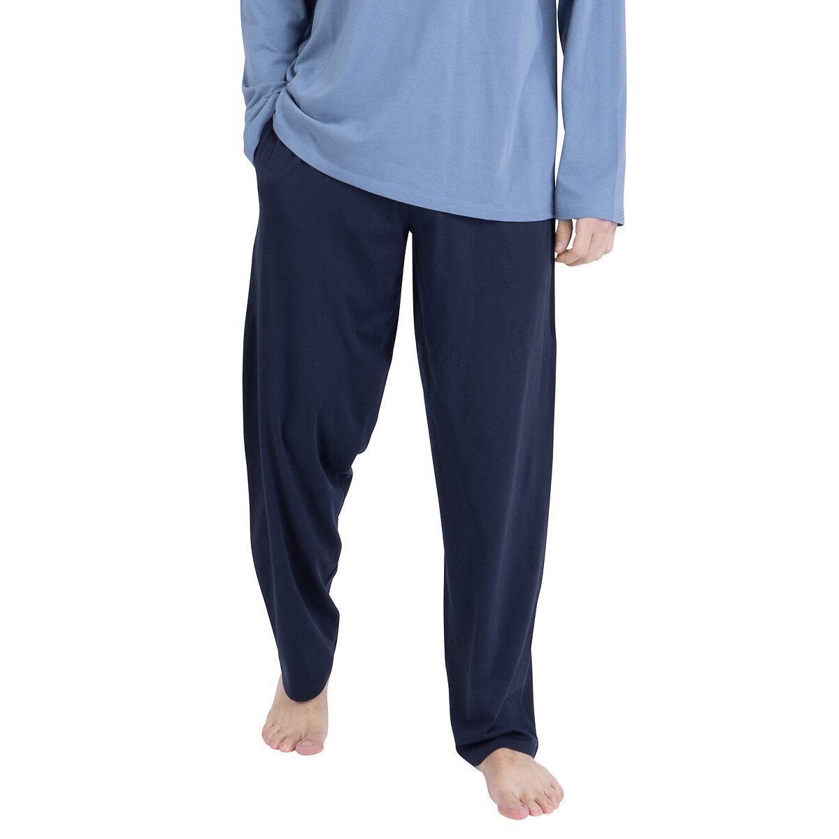Pigiama lungo in cotone, con collo aperto blu/marine, ATHENA