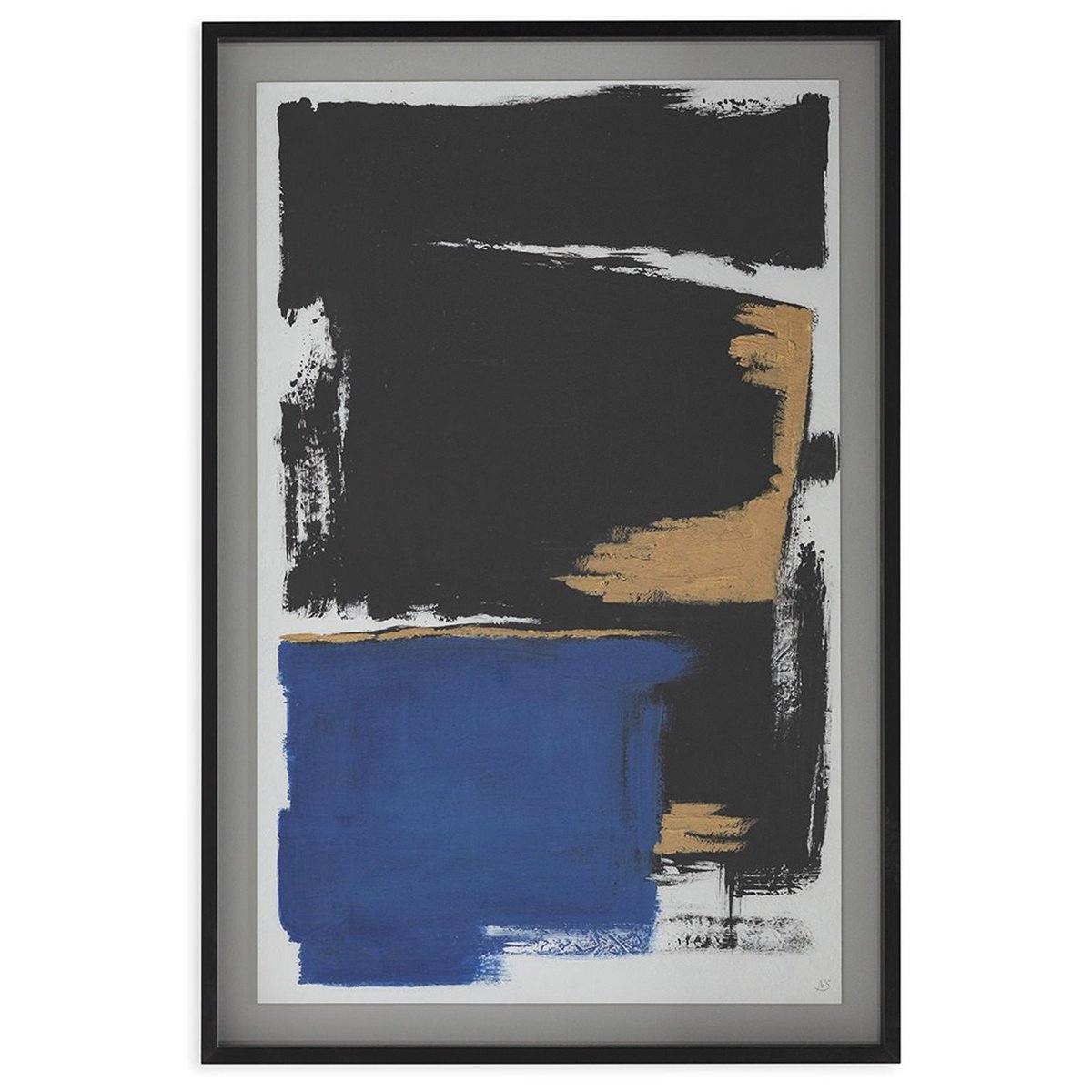 Tableau abstrait en verre et bois noir, doré et bleu, RECOLLECTION