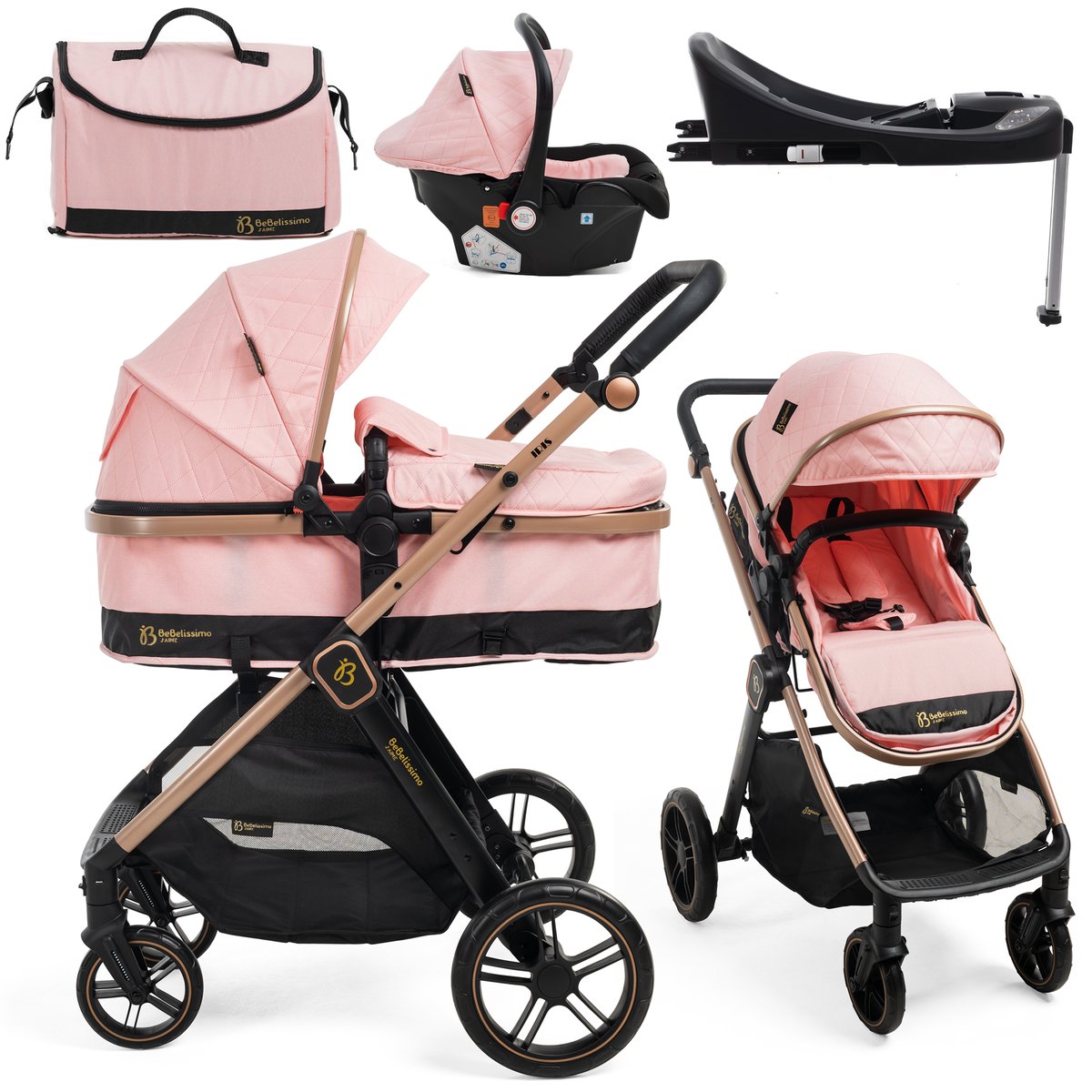 Poussette combinée trio 3 en 1 - siège auto 0+ IRIS – nacelle – base Isofix - jambe de force – jusqu’à 22kg - rose couleur unique, BEBELISSIMO J'AIME