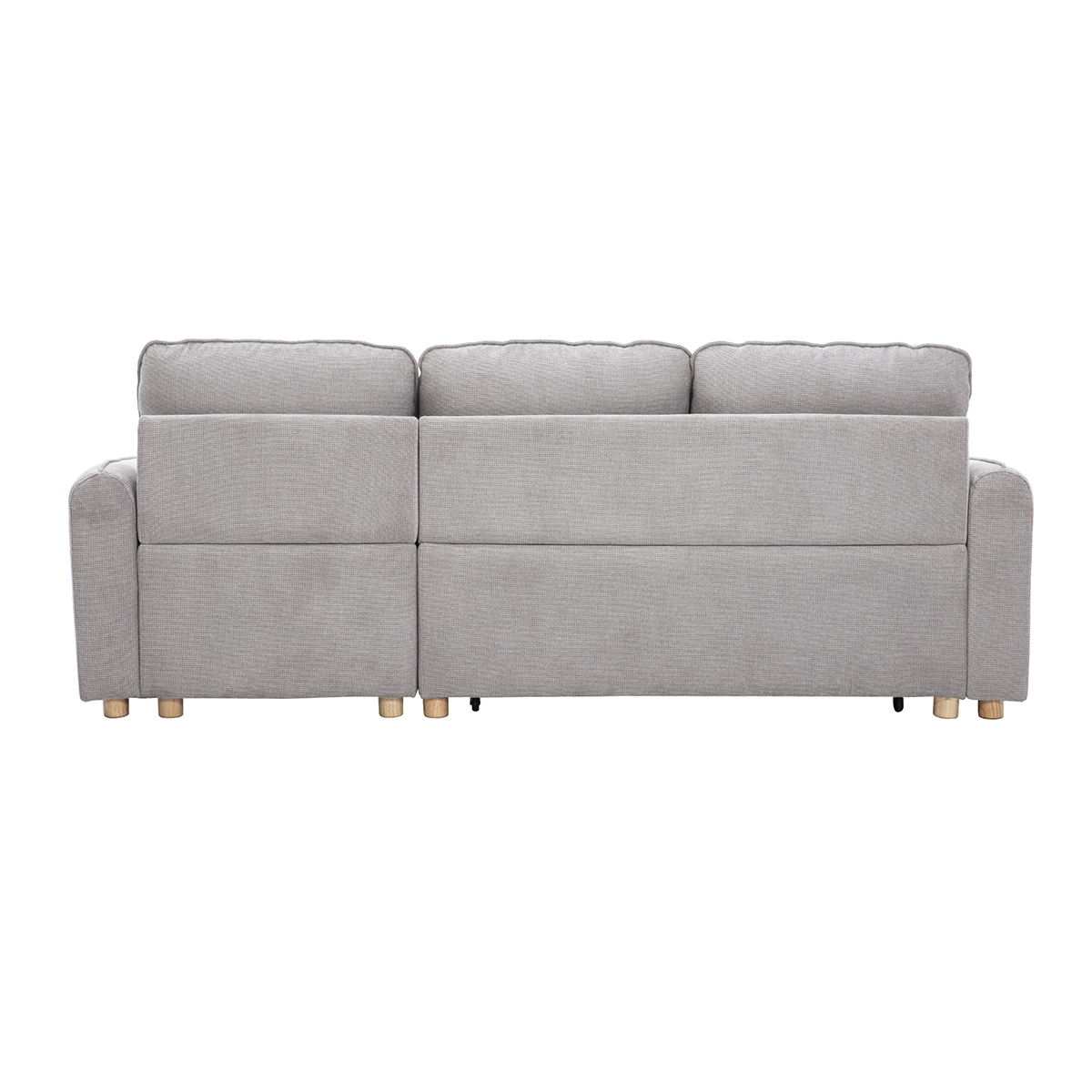 Canapé d'angle convertible réversible avec coffre 3 places en tissu chenille et bois clair ORSO gris, MILIBOO