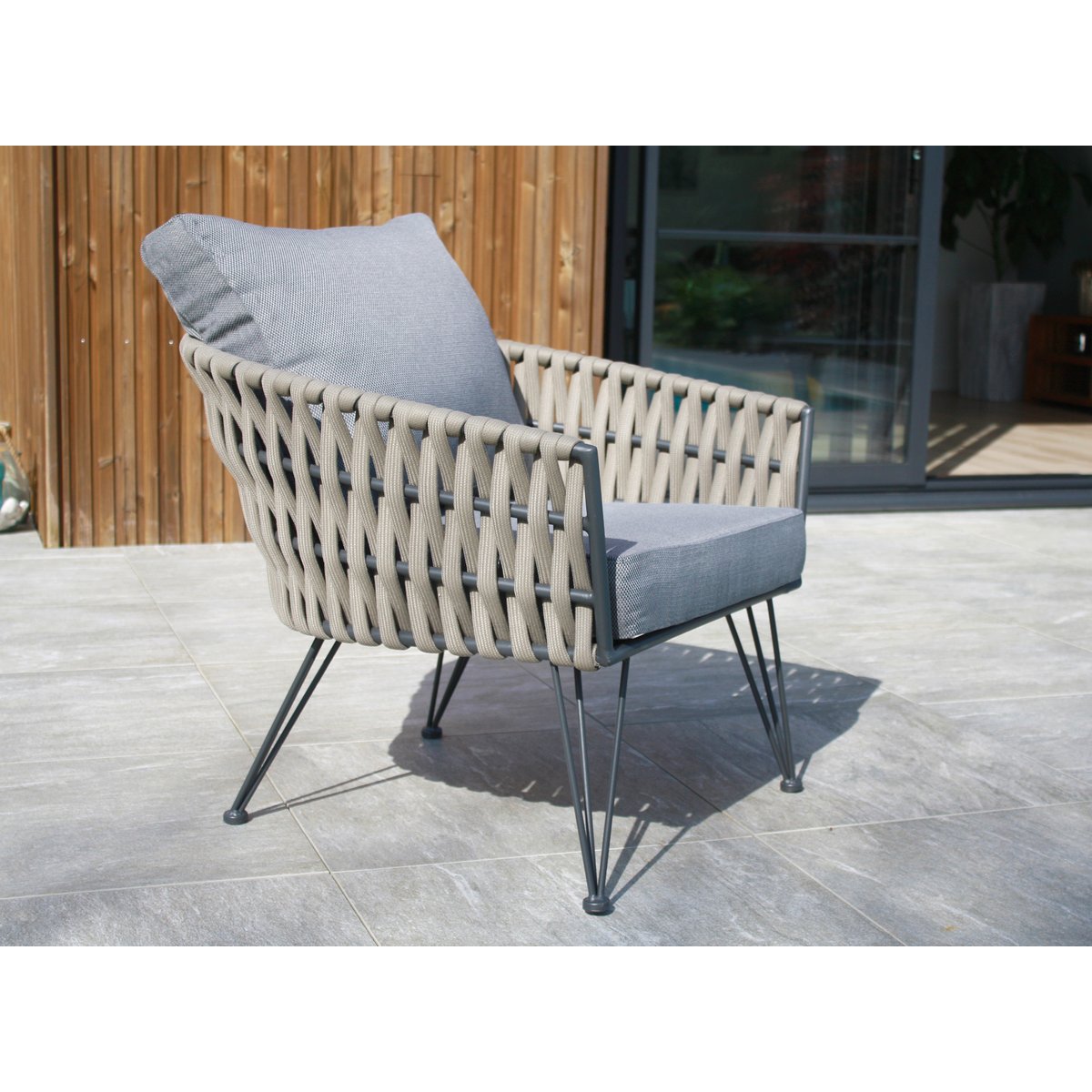 Salon de jardin 4 places en corde tissée et acier CAPRI taupe, DCB GARDEN