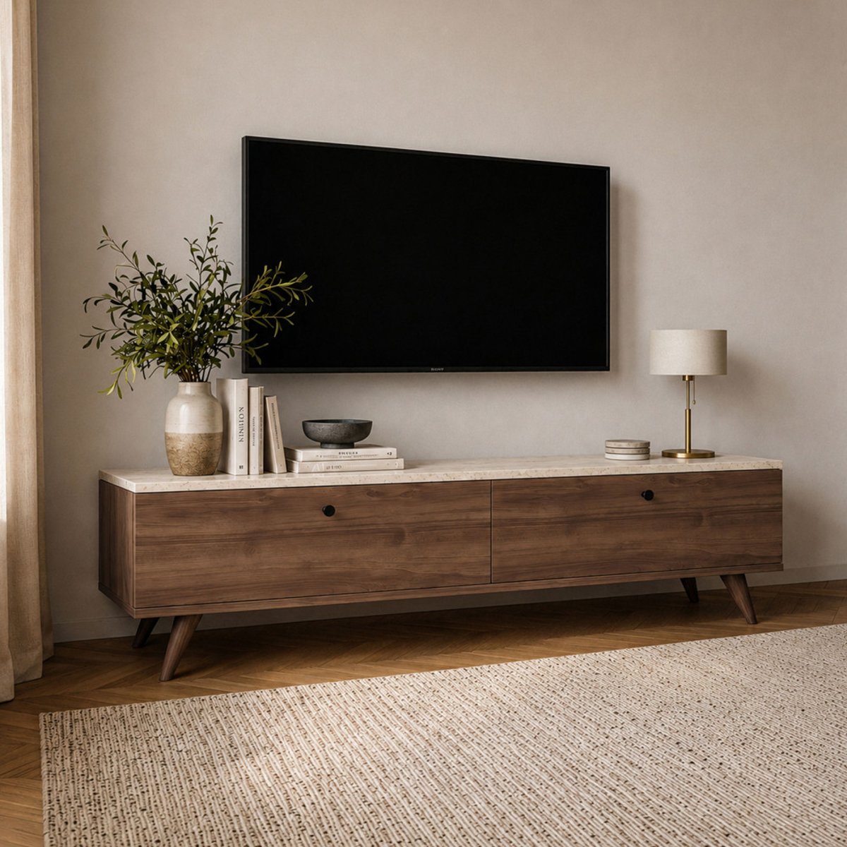 Meuble TV 2 portes plateau effet travertin et bois L140cm- YARA bois foncé, DRAWER