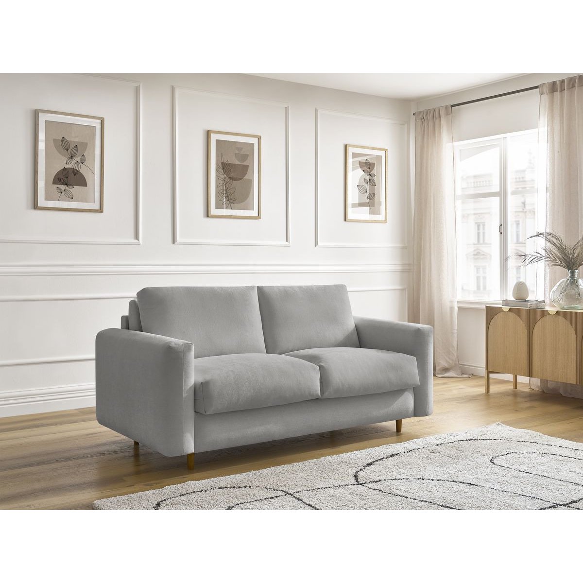 Canapé droit convertible 3 places en tissu lisse couchage 140x200 cm, COCOONE gris, BOBOCHIC