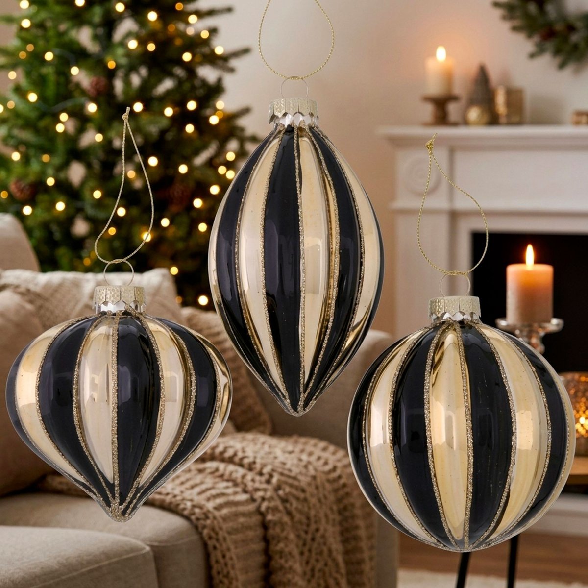 Set de 3 boules de Noël rayées noires et dorées peintes à la main 8x8x12.5cm noir, WADIGA