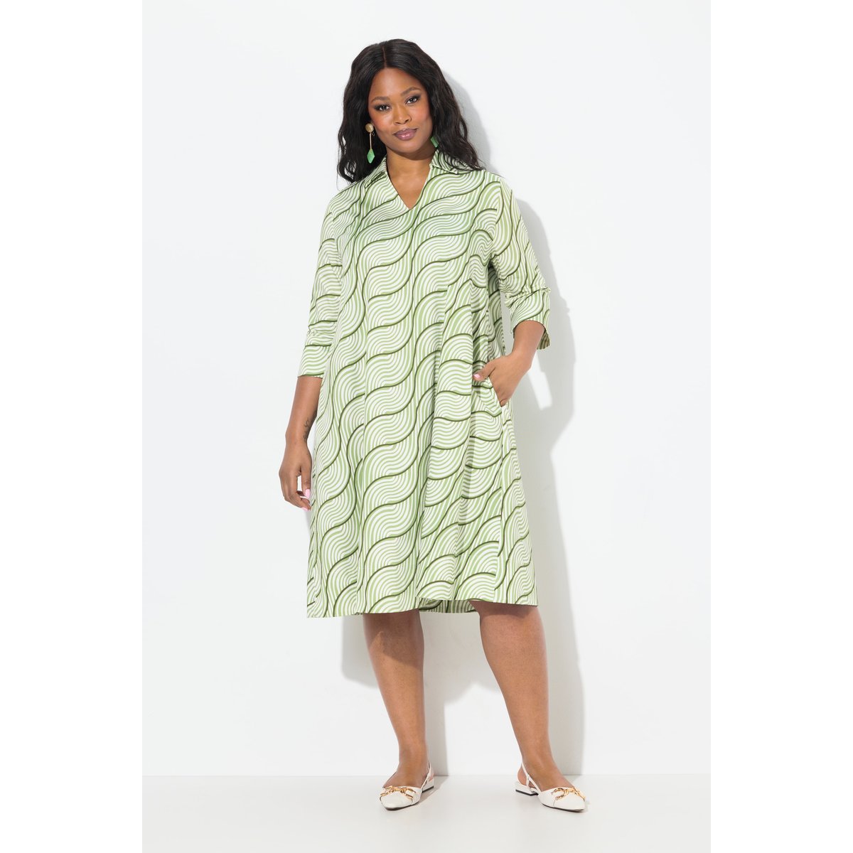 Robe à poches. Coupe évasée. Col chemise blanc neige, ULLA POPKEN