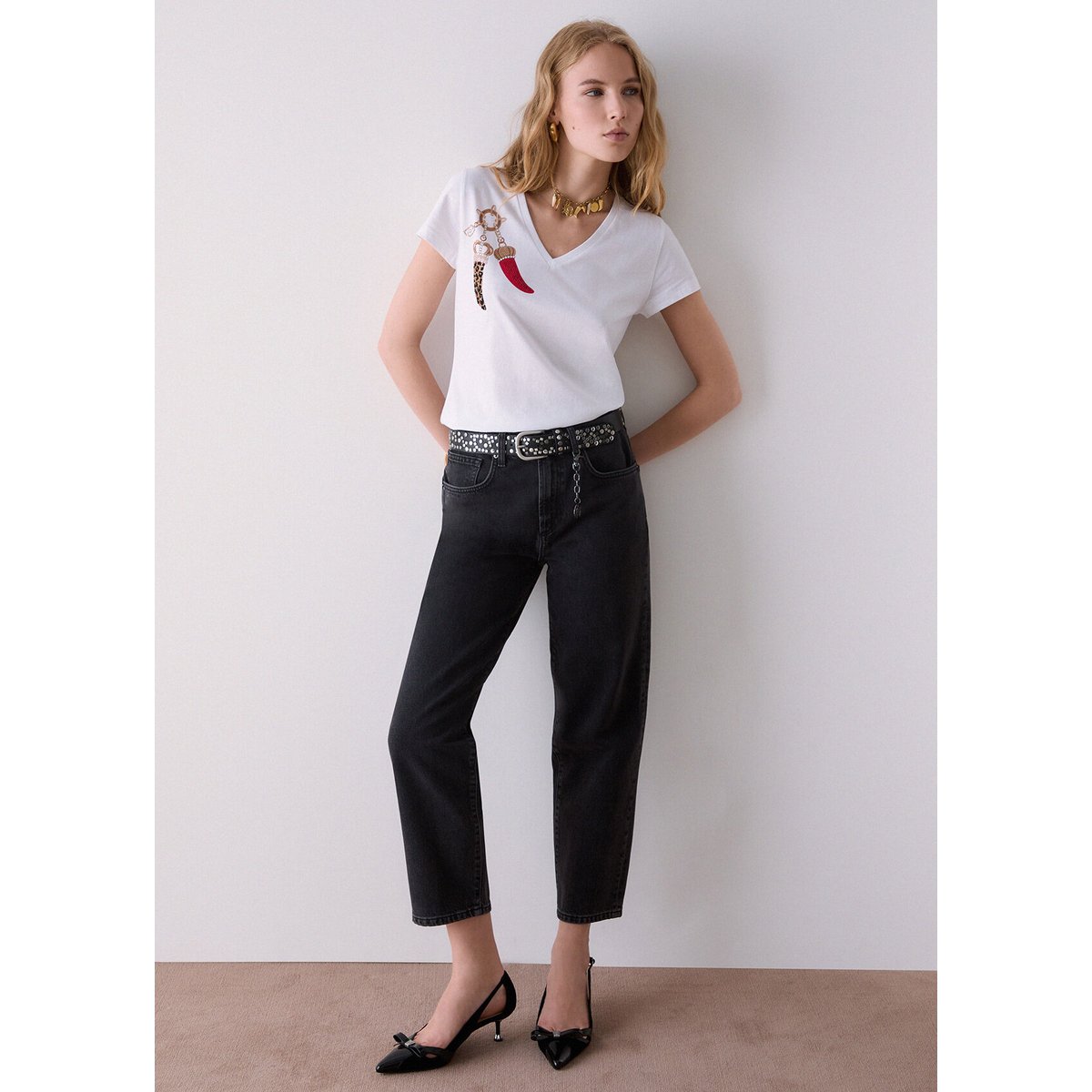 Jean boyfriend avec déchirures denim noir, LIU JO