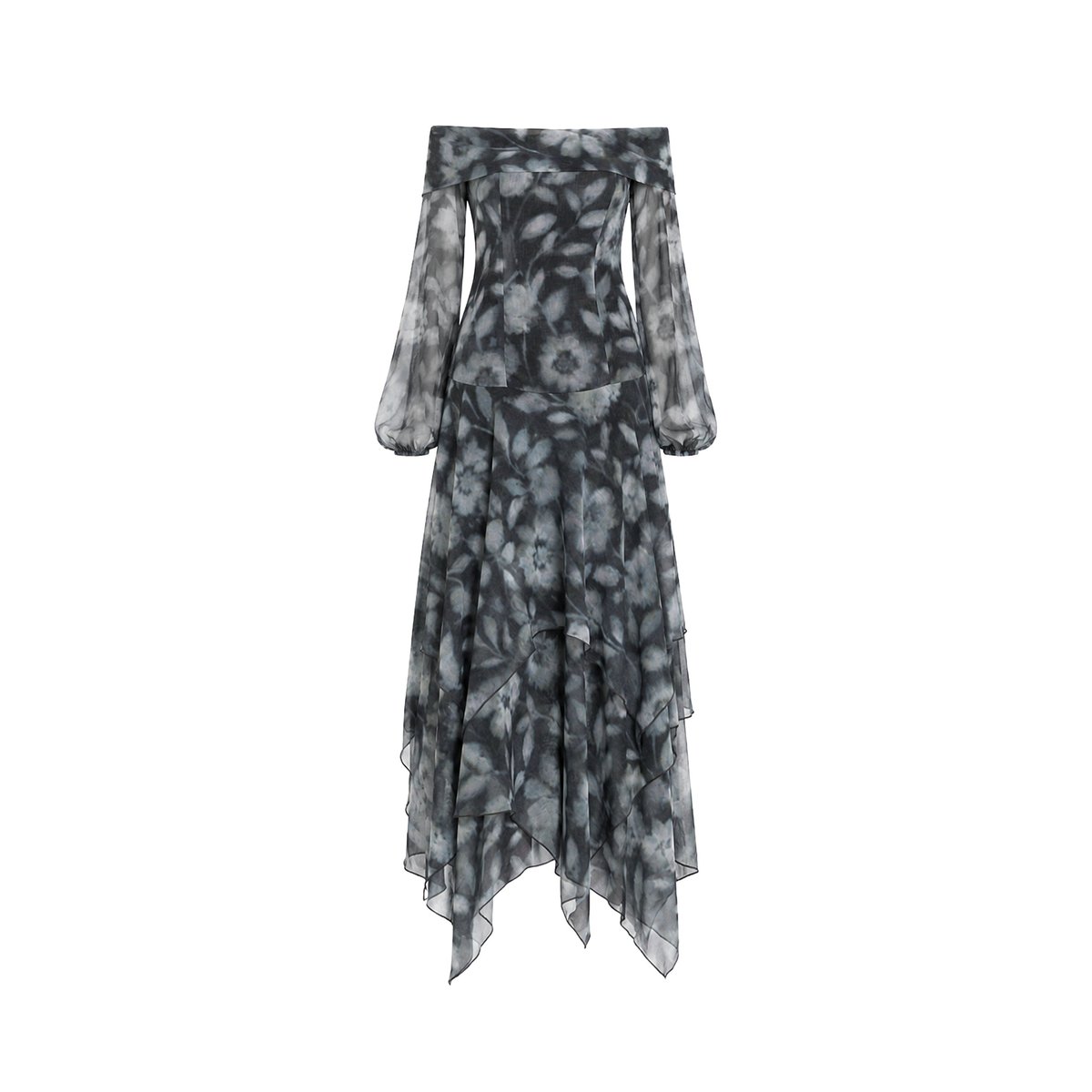 Robe longue en mousseline avec encolure Bardot bleu, THE-ARE