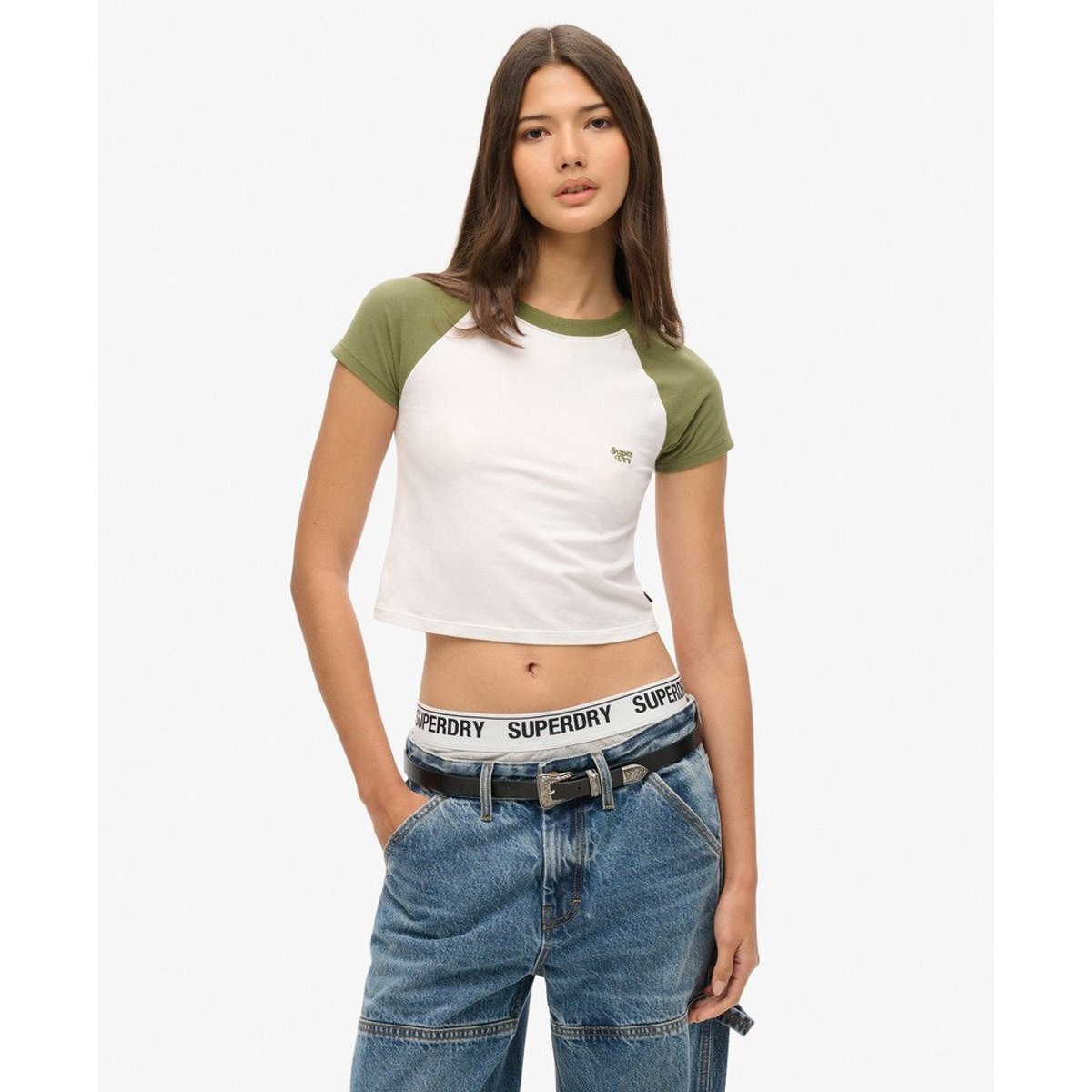 T-shirt de baseball baby court optic/kaki olive, SUPERDRY