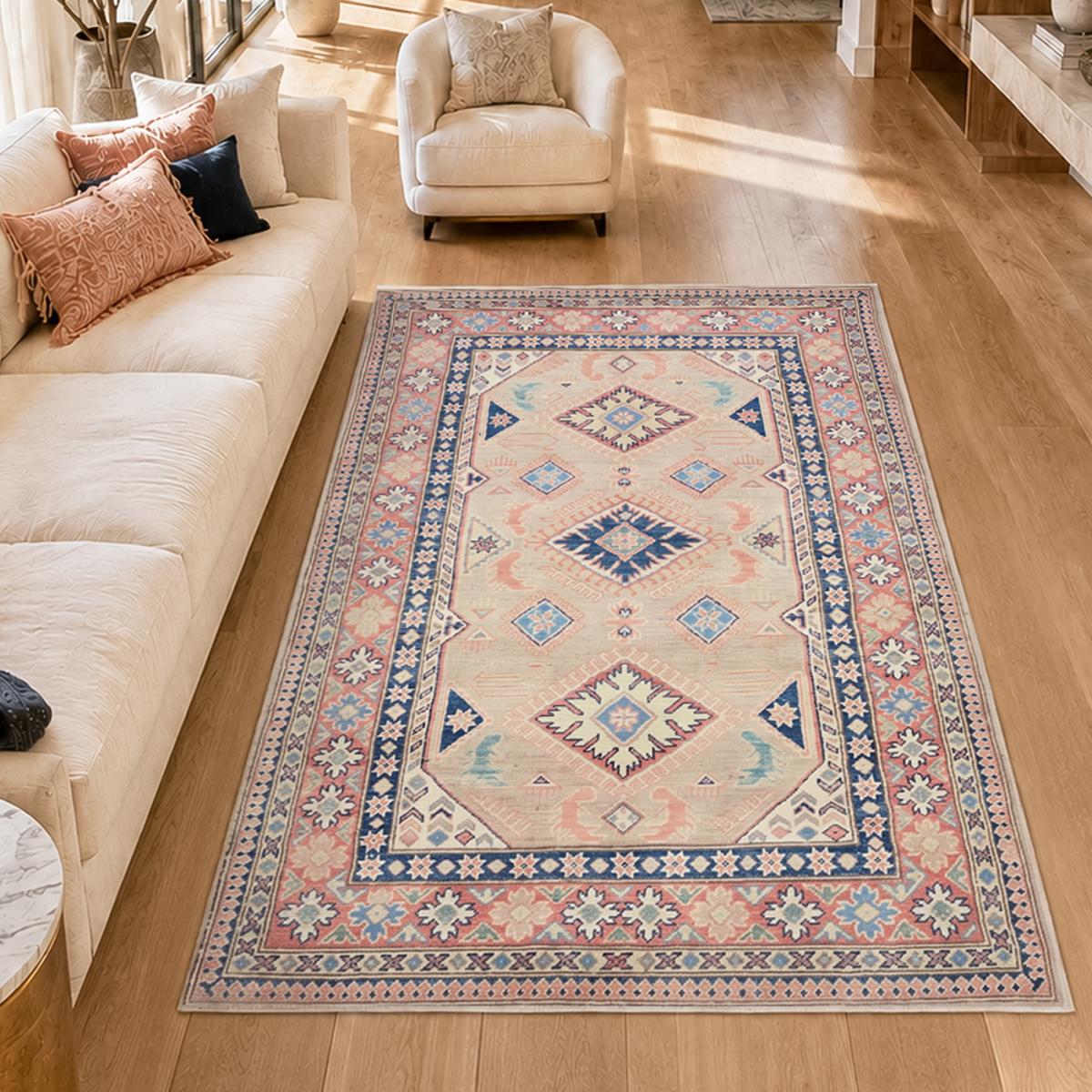 Tapis d'orient géométrique, noué main en laine, KAZAK CO 52 beige, bleu, rose, UN AMOUR DE TAPIS