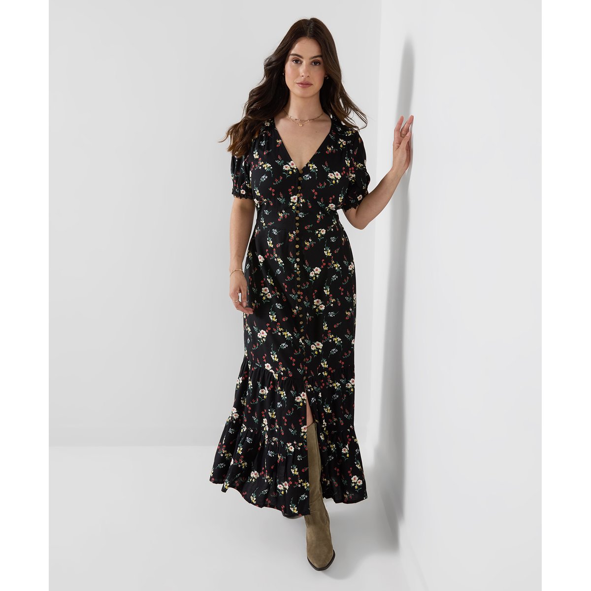 Adorable Robe Longue Boutonnée à Petites Fleurs noir, JOE BROWNS