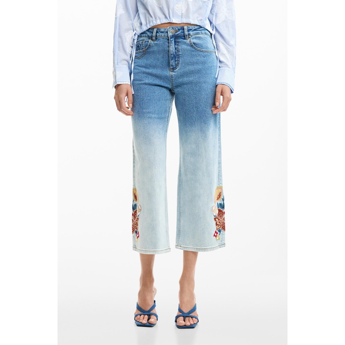Pantalon jean culotte brodés bleu clair, DESIGUAL