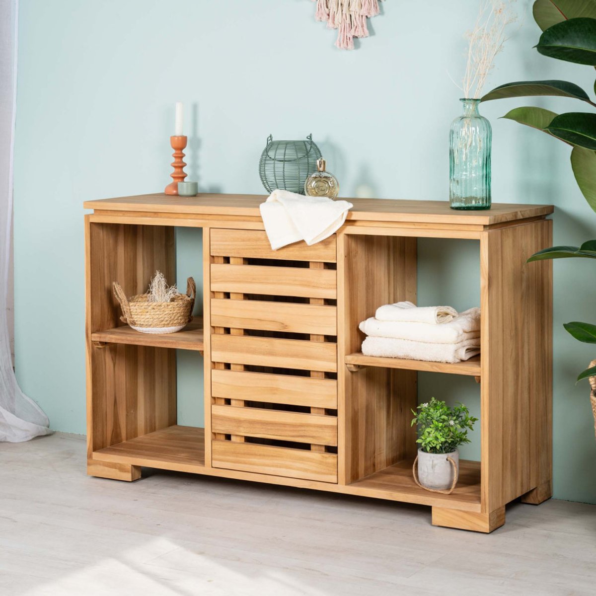 Meuble sous vasque en teck massif rectangle 120 cm naturel, WANDA COLLECTION