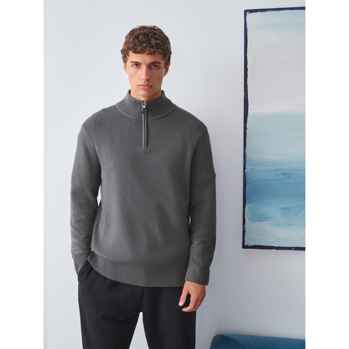 Pull standard à col zippé premium gris anthracite, NEXT