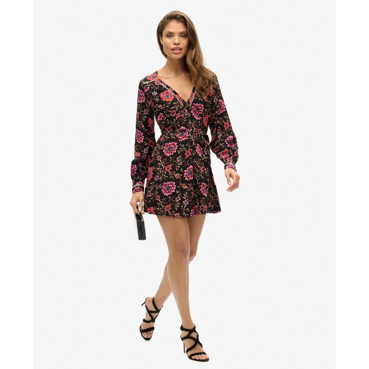 Robe courte fluide imprimée à col V marron fleuri mori, SUPERDRY