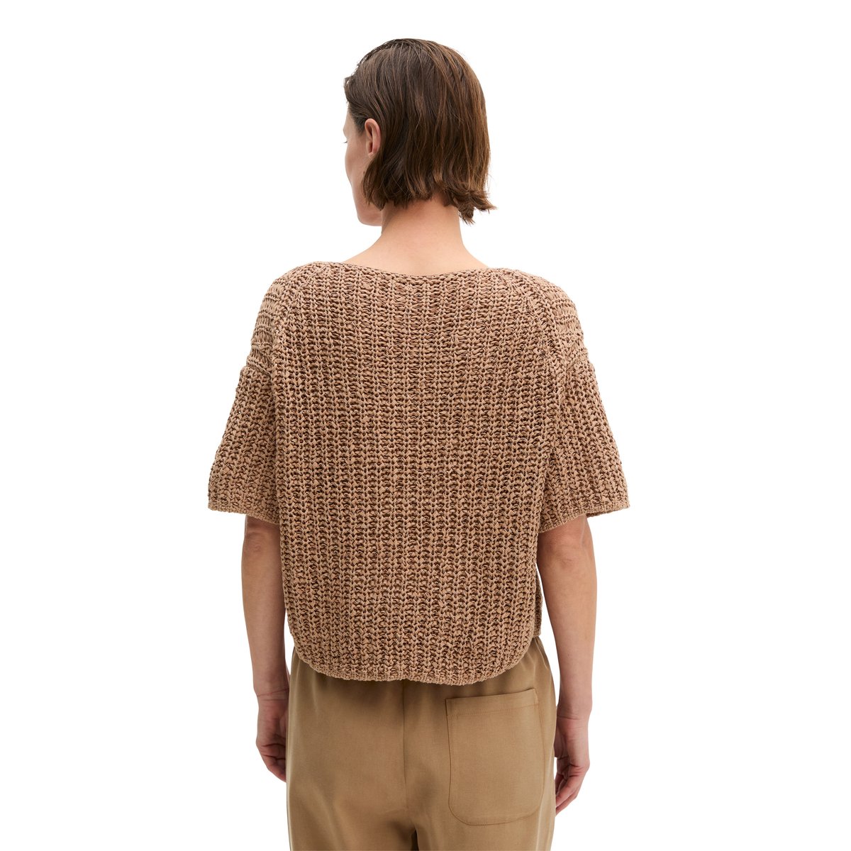 Pull-over en maille à manches courtes boxy en fil à bandelettes marron, MARC O'POLO