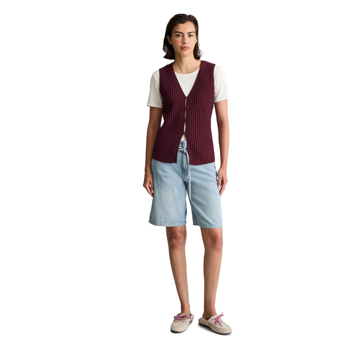 Gilet slim en mélange de coton organique côtelé rouge fonce, MARC O’POLO DENIM