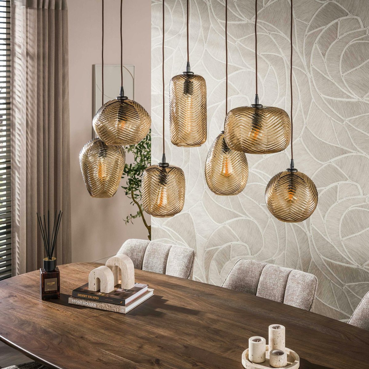 Suspension vintage verre brun fumé chevron 7 lampes NOVA marron, PIER IMPORT