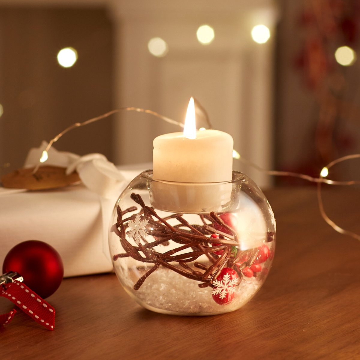 Photophore boule de Noël décoré verre blanc, FEERIC LIGHTS & CHRISTMAS