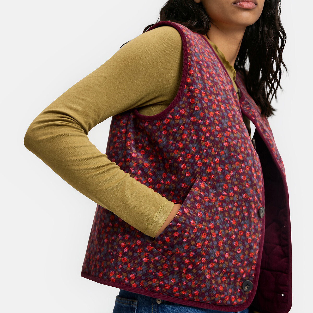 Veste sans manches en velours, imprimé floral, réversible imprimé fleurs fond marine, LA REDOUTE COLLECTIONS
