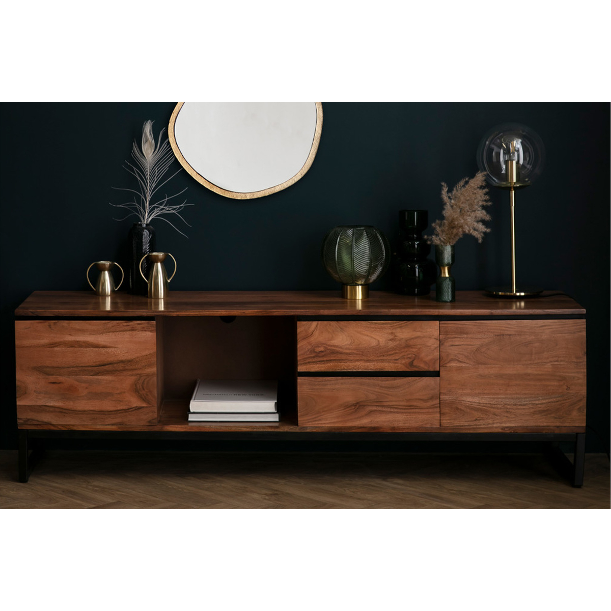 Meuble TV en bois massif L160 cm HOORN bois clair / noir, MILIBOO