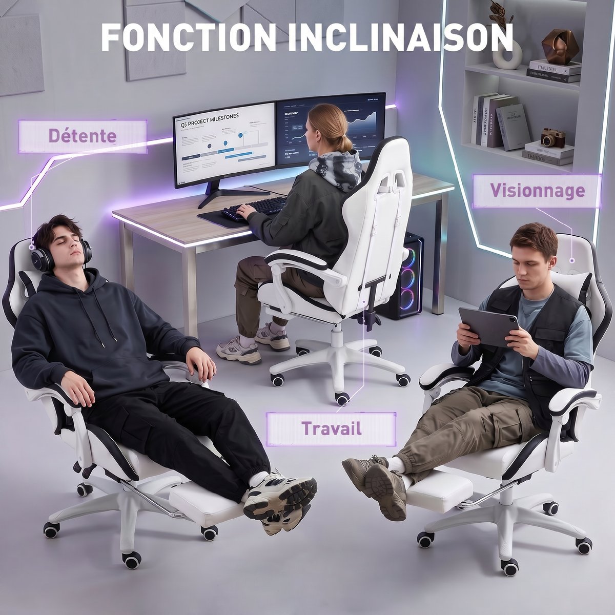 Fauteuil gaming Revêtement synthétique Noir noir et blanc, HOMCOM