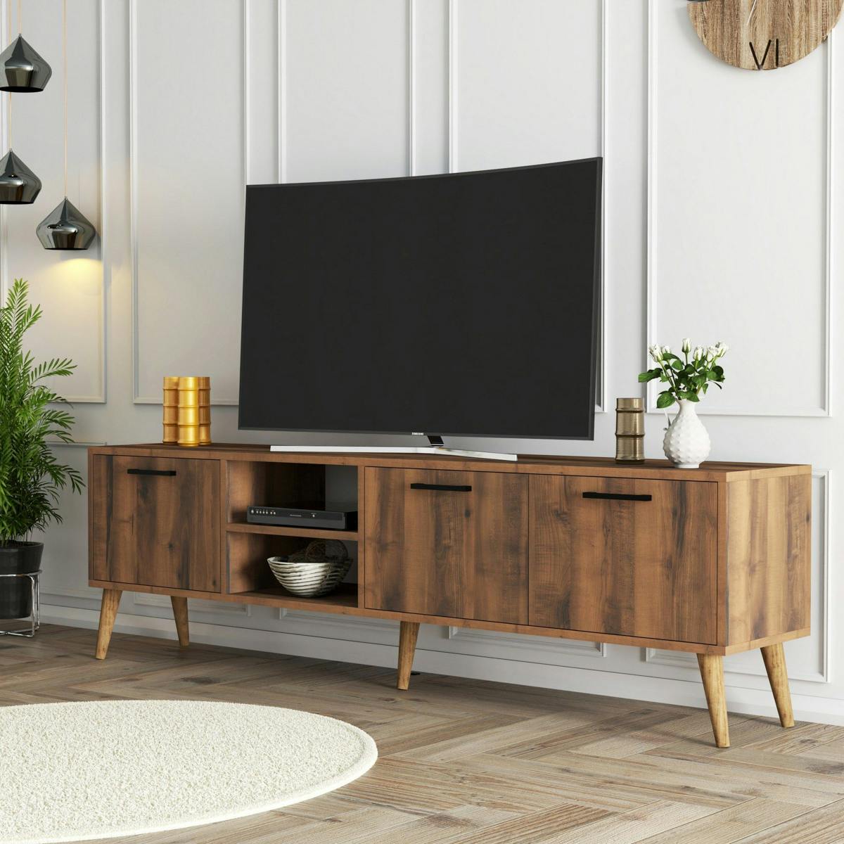 Meuble TV vintage 3 portes abattantes 2 niches UMEA marron, PIER IMPORT