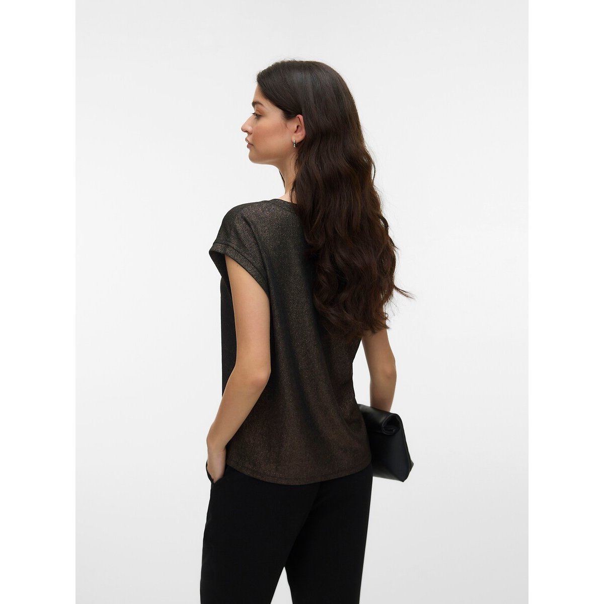 T-shirt manches courtes, col V, à paillettes marron chocolat, VERO MODA