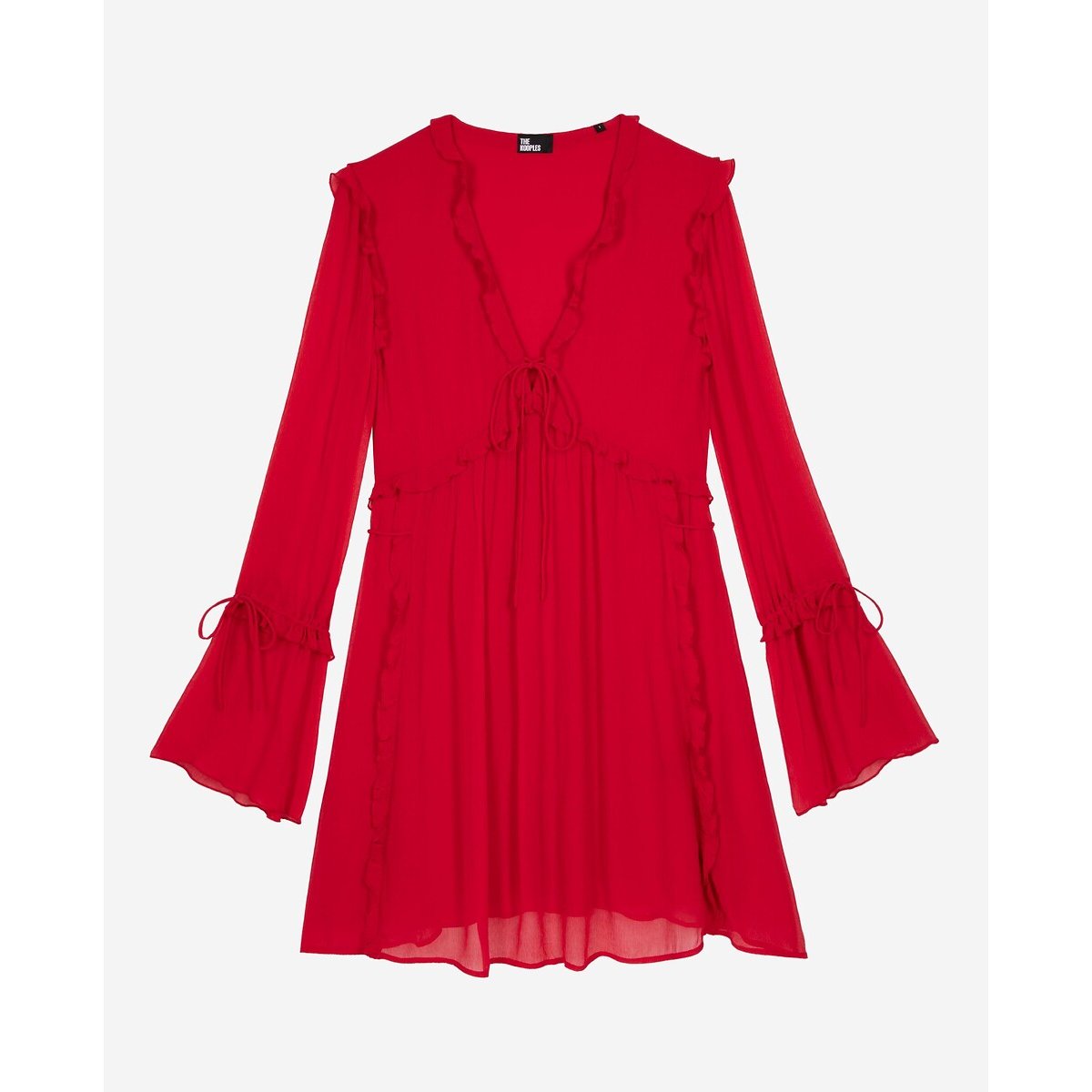 Mini V-Neck Flared Dress with Ruffles and Long Sleeves red, THE KOOPLES