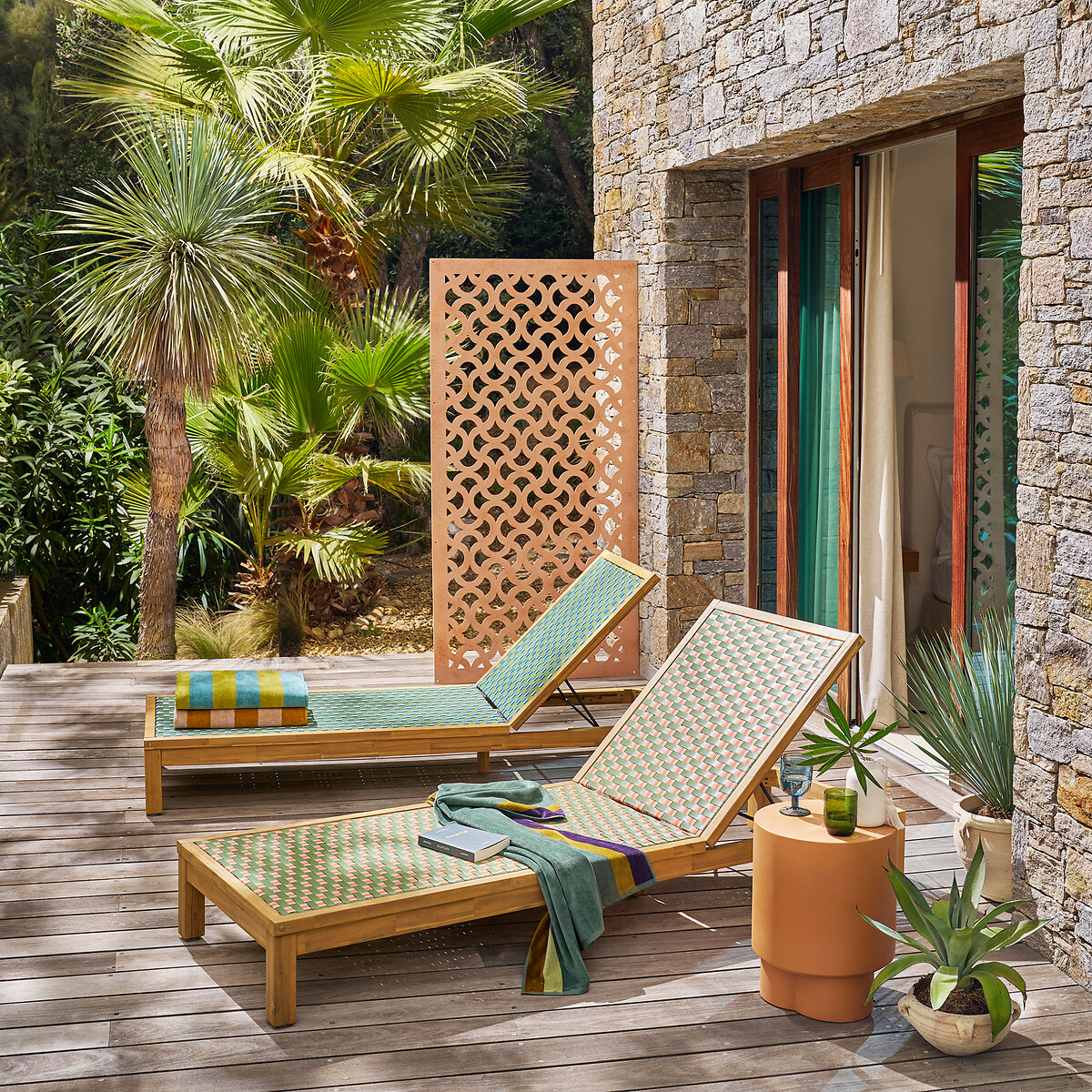 Briana Sun Lounger in Acacia and Woven Resin pink/green, LA REDOUTE INTERIEURS