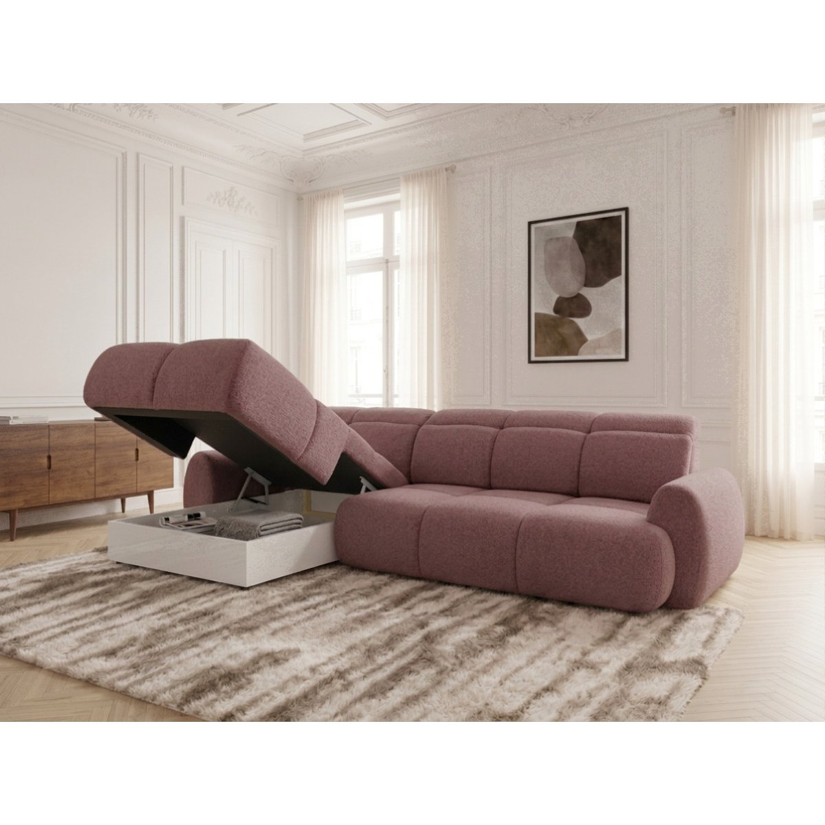 Canapé d'angle convertible 3 places en tissu chenille, RUBY rouge, BOBOCHIC