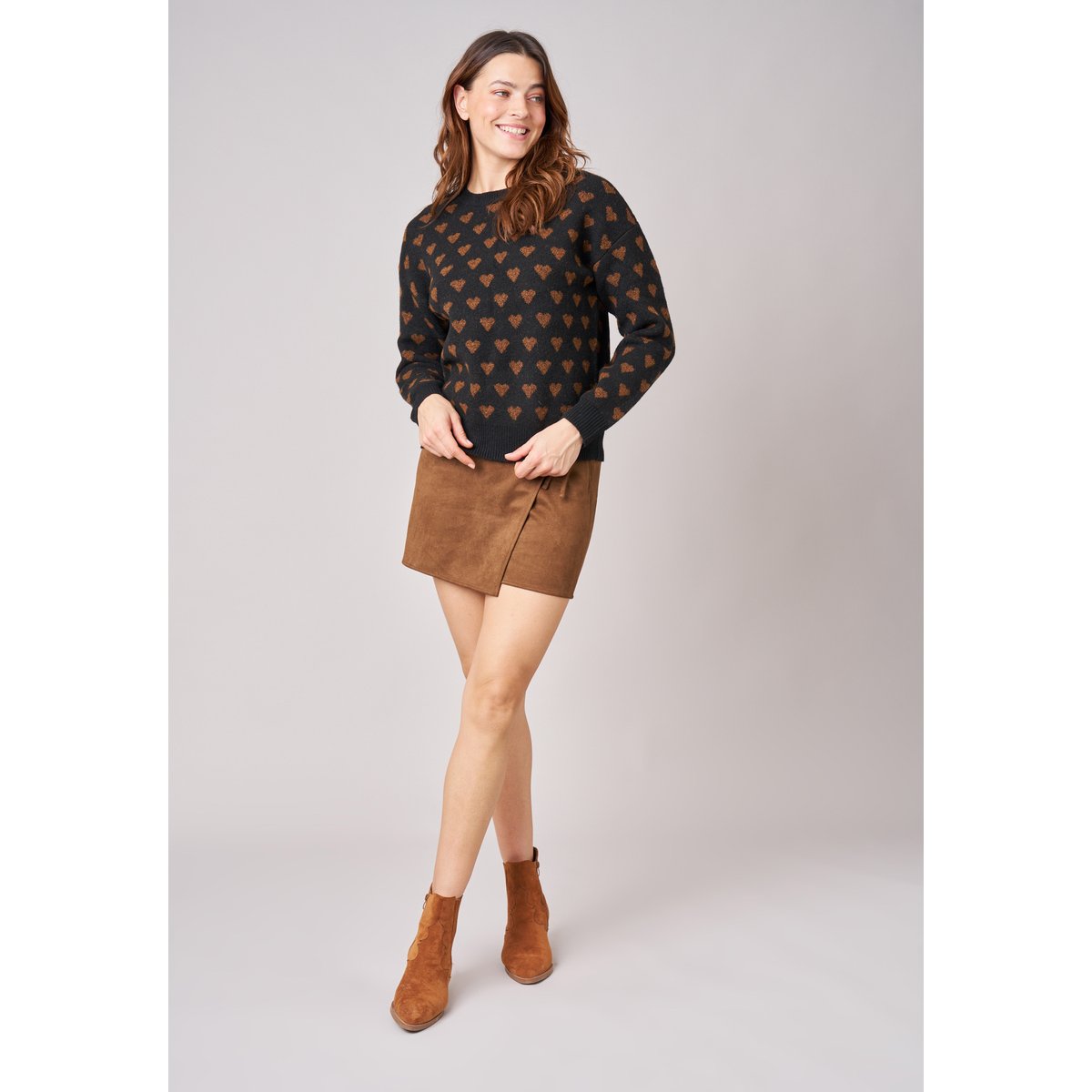 Pull femme motif cœurs en maille douce CLEMY black, DEELUXE